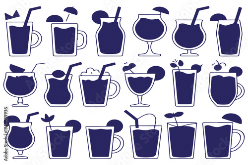 Blue silhouette cocktail icons set isolated on transparent background summer drink shapes with straw and fruit garnish beverage glassware collection professional vector graphic design elements