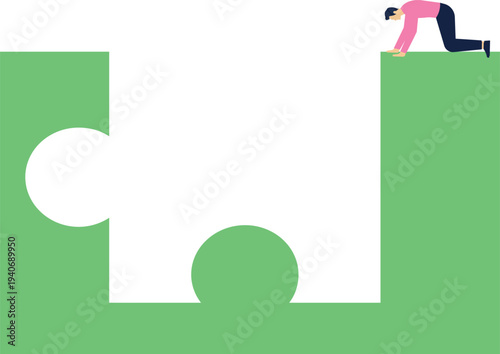 Lonely, without a partner or team, the businessman sits in silence on the lost part of the puzzle stock illustration


