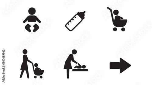 Baby icons set featuring a child in a diaper, feeding bottle, baby in stroller, and parental care symbols with a directional arrow.