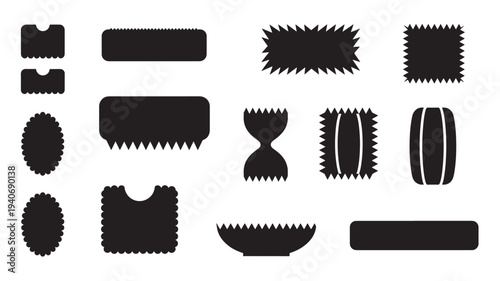 Black cut-out silhouettes of various shapes with jagged or scalloped edges, representing cookies or stamps