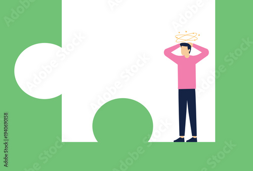 Lonely, without a partner or team, the businessman sits in silence on the lost part of the puzzle stock illustration

