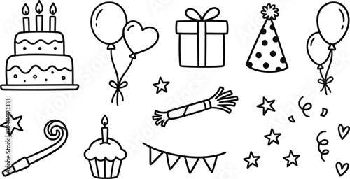 Set of simple line art birthday party icons including cake balloons gift and party hat