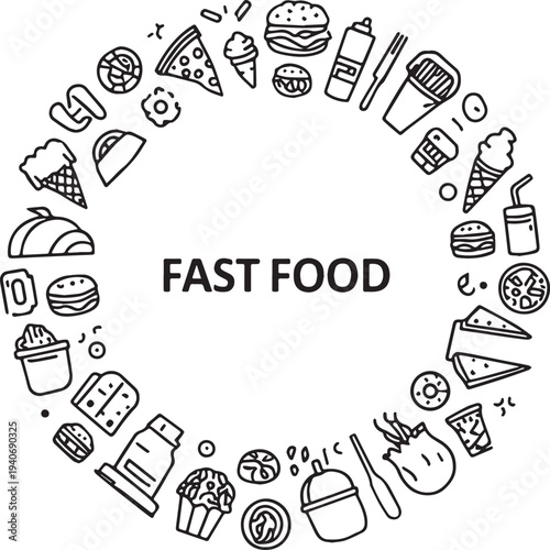 Black and white line art illustration of fast food icons including burger pizza fries donut hotdog taco soda and ice cream with text design