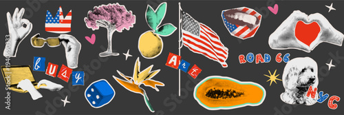 USA road trip collage elements in halftone style. Statue of Liberty, NYC dog and tropical plant silhouettes for travel branding and social media graphics.