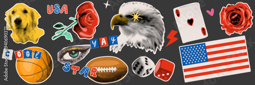 American vintage collage elements in halftone style. USA flag, eagle and retro sports silhouettes for fourth of July branding and social media sticker set.