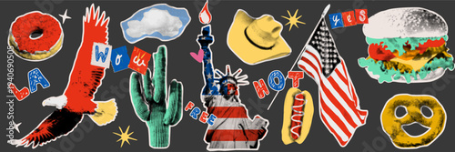 American food and culture collage elements in halftone style. Burger, eagle and cowboy hat silhouettes for western branding and social media sticker set.