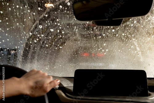 View from inside a car during an automatic car wash