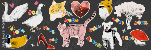 Cute pets and birds collage in halftone style. Funny cat, dog and swan silhouettes with lettering for animal lover branding and scrapbook sticker set.