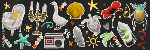 Vintage object and bird collage in halftone style. Goose, turtle and fun lettering silhouettes for lifestyle branding and social media graphics.