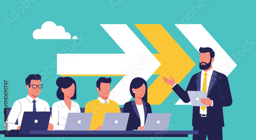 Business team training with leader presenting strategy direction arrows, corporate coaching meeting with laptops professional teamwork vector illustration