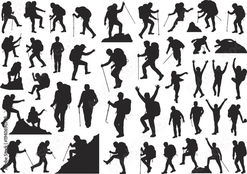 hiking, climbers, silhouettes, trekking, backpackers, mountain, adventure, collection, vector, illustration, outdoor, travel, icons, isolated, white, background, design, set, exploration, clipart