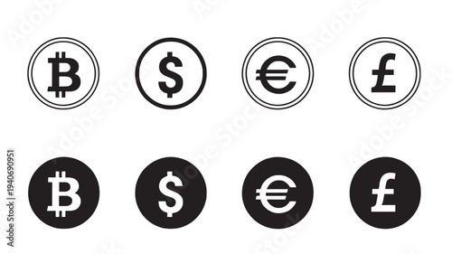 Currency symbols including Bitcoin, Dollar, Euro, and Pound are presented in a clean, minimalist icon set with both outlined and solid black circular