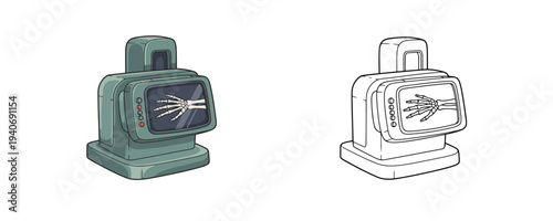 X-ray medical scanner displaying a skeletal hand bone on screen presented in colored flat cartoon and black line art illustration isolated on a white background