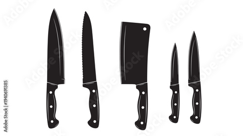 Collection of kitchen knives and cutting board displayed on a clean white surface from a straightforward viewpoint