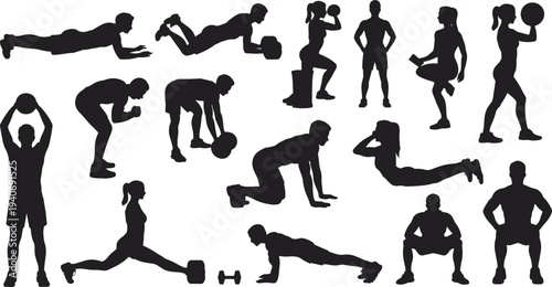 Fitness workout silhouettes collection, men women exercise poses set, black isolated gym icons, editable shapes, flat vector illustration
