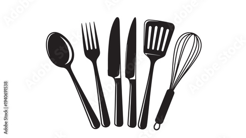 A collection of kitchen utensils including a spatula, whisk, and cutlery arranged in a neat and organized manner on a clean surface viewed from directly above.