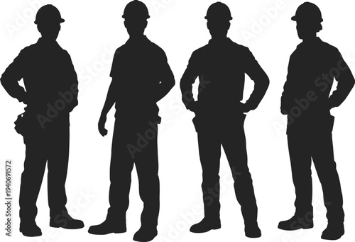 construction, worker, silhouettes, builder, engineer, helmet, collection, vector, illustration, industry, labor, icons, isolated, white, background, design, set, safety, job, clipart