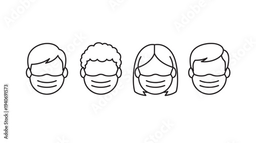 Faces in line icon with protective masks showing diversity in hairstyles and genders, conveying health and safety