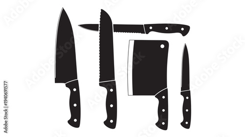 A collection of kitchen knives and cutting board on a clean surface viewed from directly above with various knife sizes and cutting tools