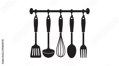 Set of five classic kitchen utensils, including a spatula, ladle, whisk, and fork, hanging on a black rack, perfect for culinary and cooking themes