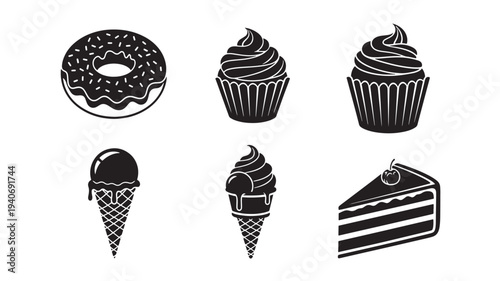 An assortment of sweet treats, including donuts, cupcakes, and ice cream cones, displayed from a straightforward viewpoint.