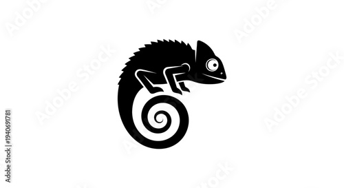Black and White Chameleon Silhouette Illustration.