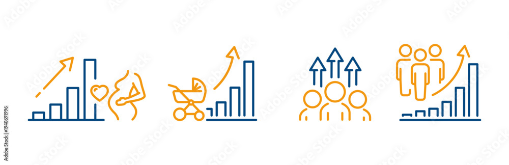 Wall Mural birth rate, population growth icons, demography rise, set outline editable icons