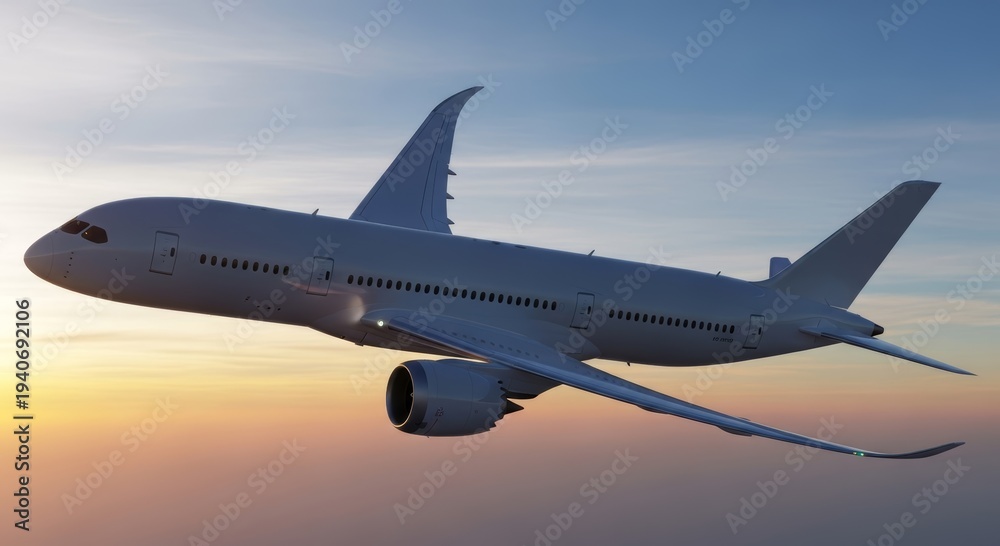 Obraz premium Commercial airplane flying high in the sky during sunset. Passenger aircraft in flight above clouds. Aviation transportation and international travel concept. Modern jet engine aircraft.