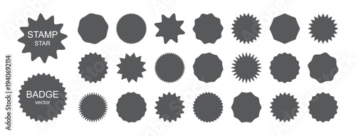 Circle label icon, badge star. Sale sticker shape stamp, sunburst banner. Retro promo discount, wave frame splash bubble isolated on white bg. Simple seal advertising empty symbol. Vector illustration