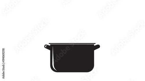 A black metal saucepan with handles on a plain white background viewed from the front