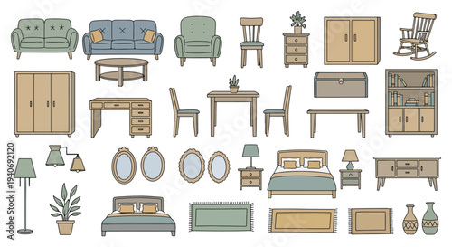 Home Furniture and Interior Decor Icons Set — Living Room and Bedroom Illustration Pack