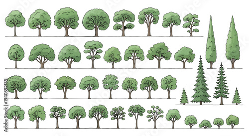 Hand-Drawn Tree Illustration Set — Collection of Evergreen and Deciduous Tree Sketches for Design