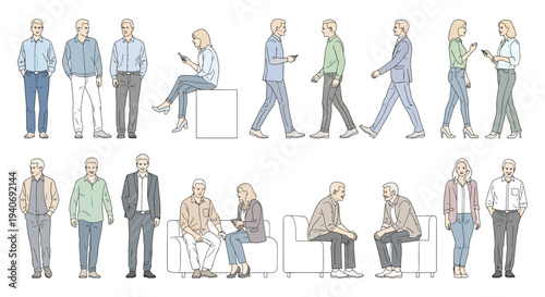 People Walking, Standing and Sitting in Casual and Business Attire Having Conversations and Using Phones