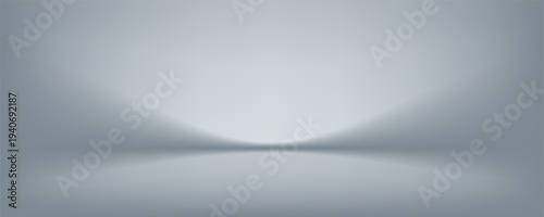 Clean minimalist 3D empty white studio room with light grey wall and horizontal podium stage for product display. Elegant soft lighting with subtle shadows, professional high resolution setup.