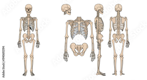 Human Skeleton Anatomy Illustration Showing Front, Back and Side Views With Isolated Bone Details