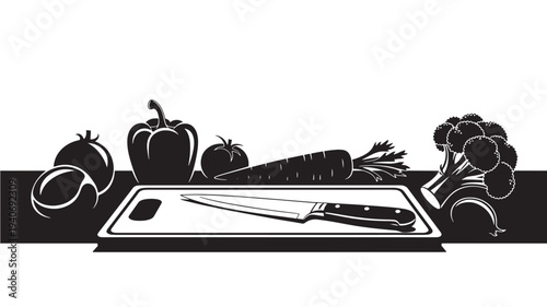 A kitchen cutting board with knife and various vegetables arranged on a black countertop in a monochrome illustration from a straight-on viewpoint.