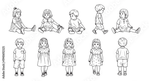 Children Line Drawing Poses Set — Toddler Front Back Sitting Standing Walking Sketches

