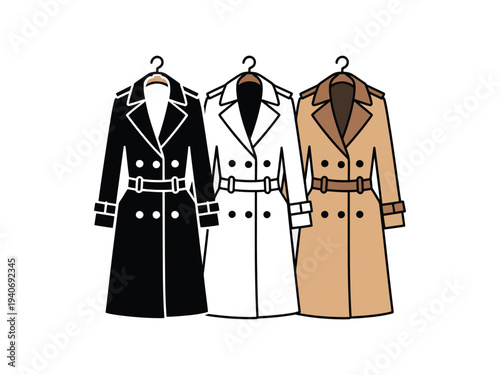 Three trench coats hang ready for.