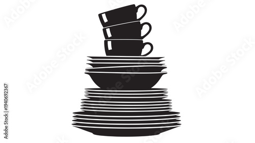 A stack of plates and bowls with cups on top, illustrating a collection of tableware in a simple graphic illustration style