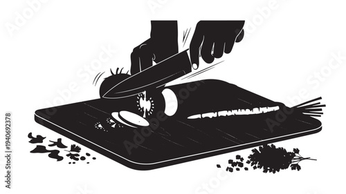 A monochromatic conceptual illustration showcasing hands diligently slicing fresh vegetables on a cutting board with a sharp knife, highlighting the art of healthy meal preparation