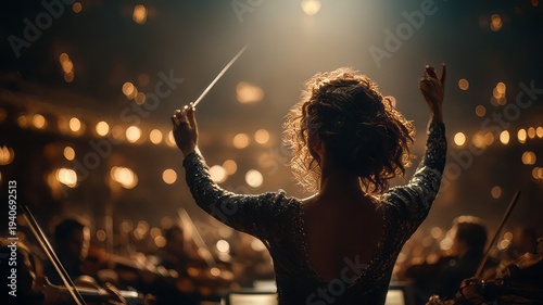 Silhouette of a female orchestra conductor leading musicians on a concert stage under dramatic warm lights for a classical music performance