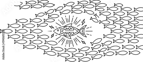 Minimalist line art vector of a unique fish with direction arrows swimming opposite to the school, business leadership concept