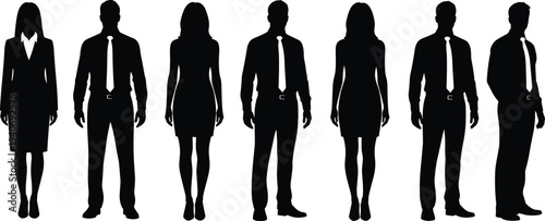 business people silhouettes set, corporate team standing collection, male female office workers, professional staff isolated, leadership workforce concept black vector