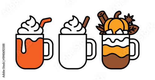 Three mugs show hot drinks with whipped.