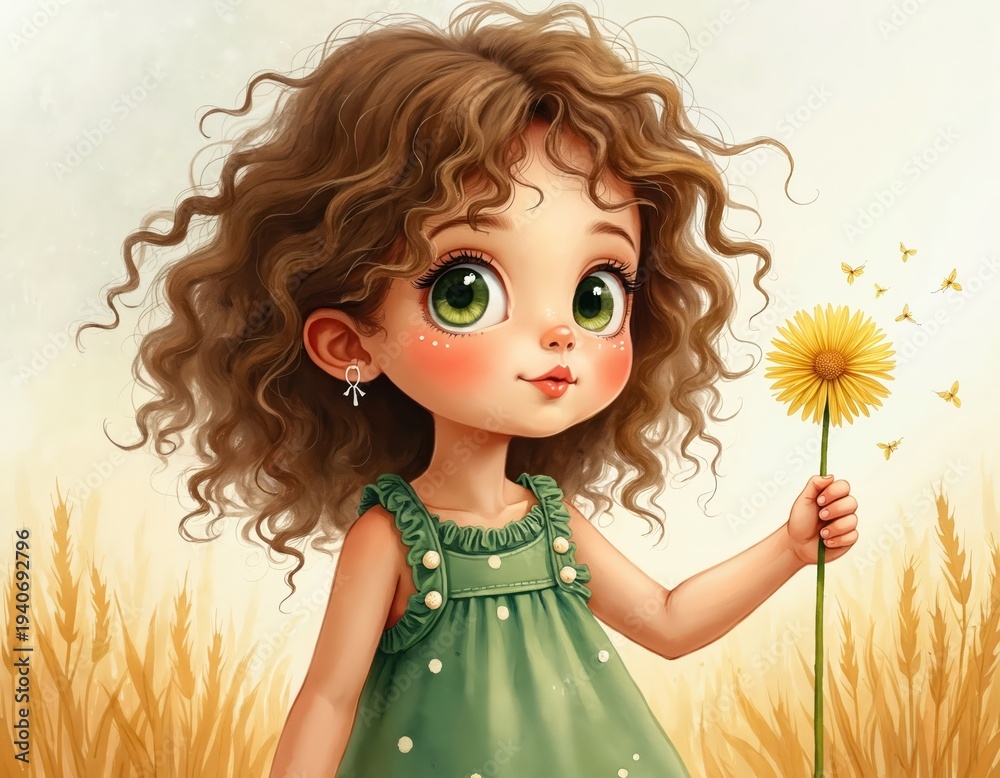 Obraz premium Cute little girl with curly brown hair holds yellow flower in a wheat field. Tiny butterflies fly around her. Watercolor art style evokes childhood innocence and gentle nature.