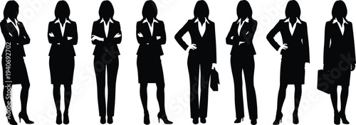 business women silhouettes collection, professional female standing poses set, corporate lady characters isolated black vector illustration