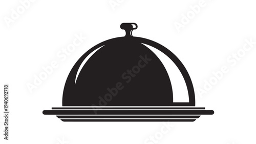 A black serving dish with a domed lid on a tray viewed from the front in a simple graphic illustration style