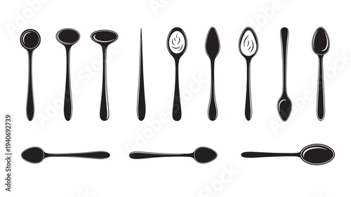 A collection of various spoons arranged in a grid pattern on a clean white background from a straightforward front viewpoint