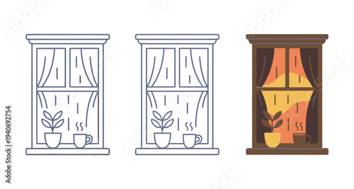 Window scenes show rainy weather.