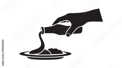 A hand pours sauce from a bottle onto a plate of food in a simple illustration